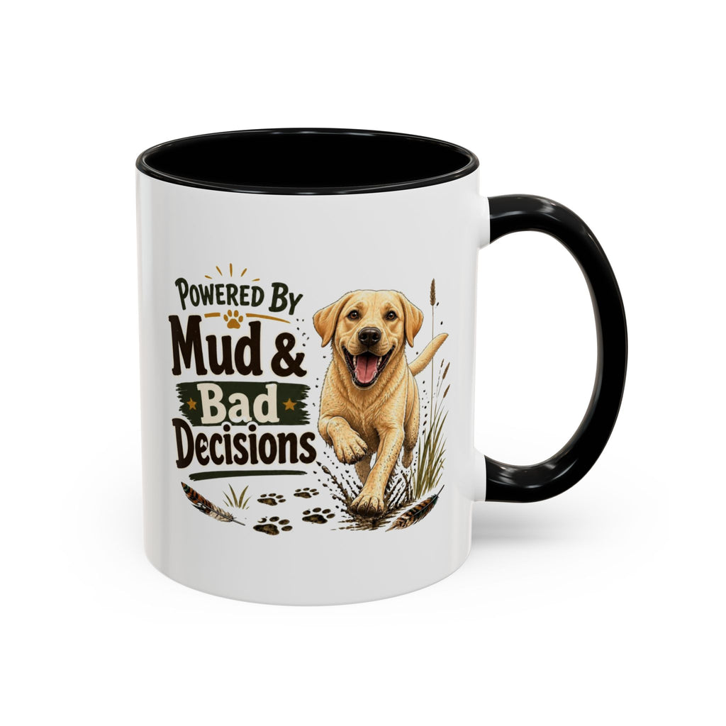 Funny Yellow Labrador Mug - Powered By Mud & Bad Decisions, Muddy Dog Owner Gift, Gundog Lover Coffee Mug, 11oz