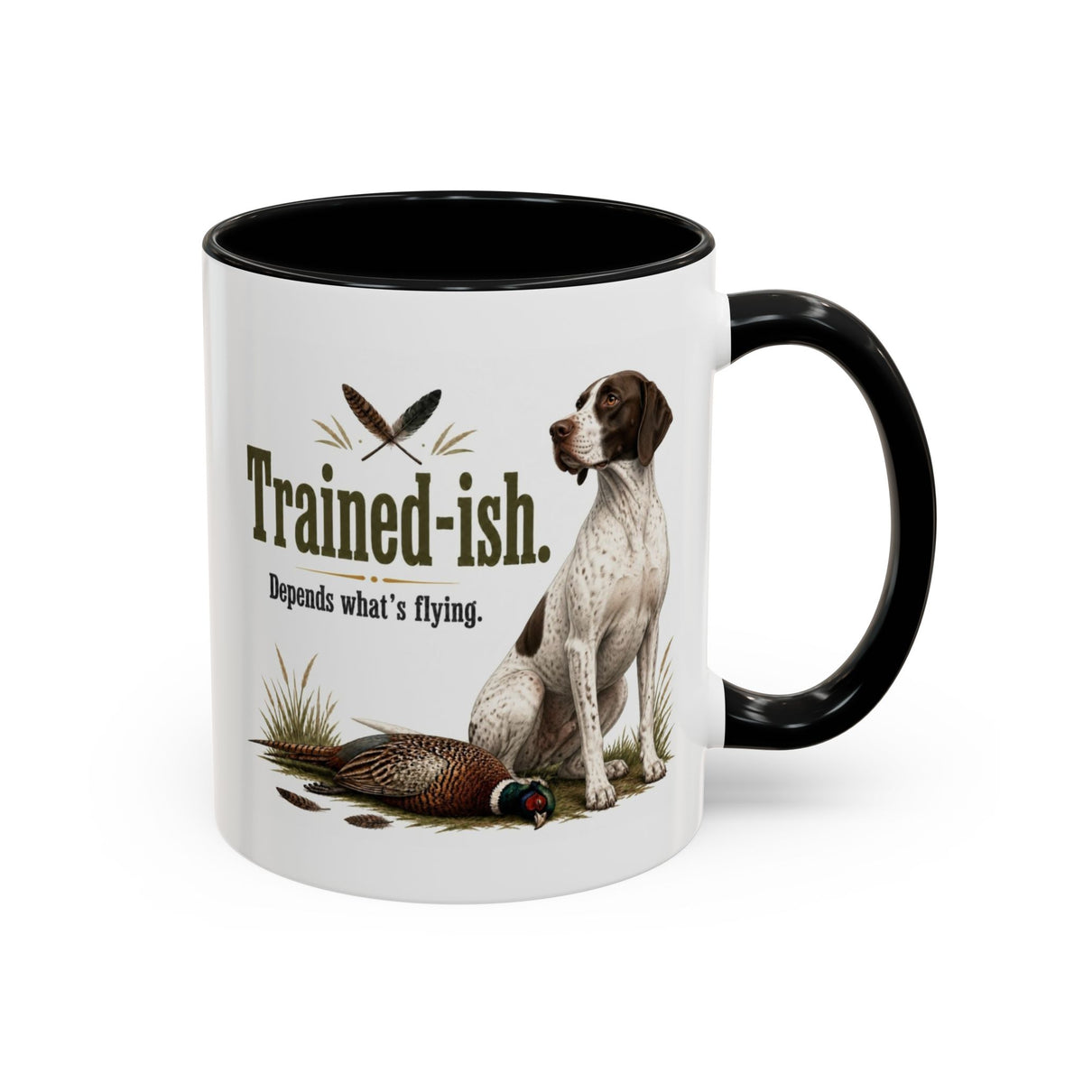Funny English Pointer Mug - Trained-ish Depends What's Flying, Working Gun Dog Gift, Pheasant Shooting Mug, 11oz