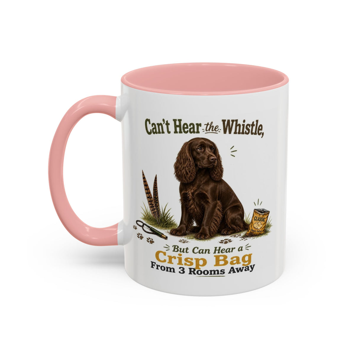 Funny Chocolate Cocker Spaniel Mug - Can't Hear the Whistle But Can Hear a Crisp Bag, Working Gun Dog Gift, Greedy Dog Mug, 11oz