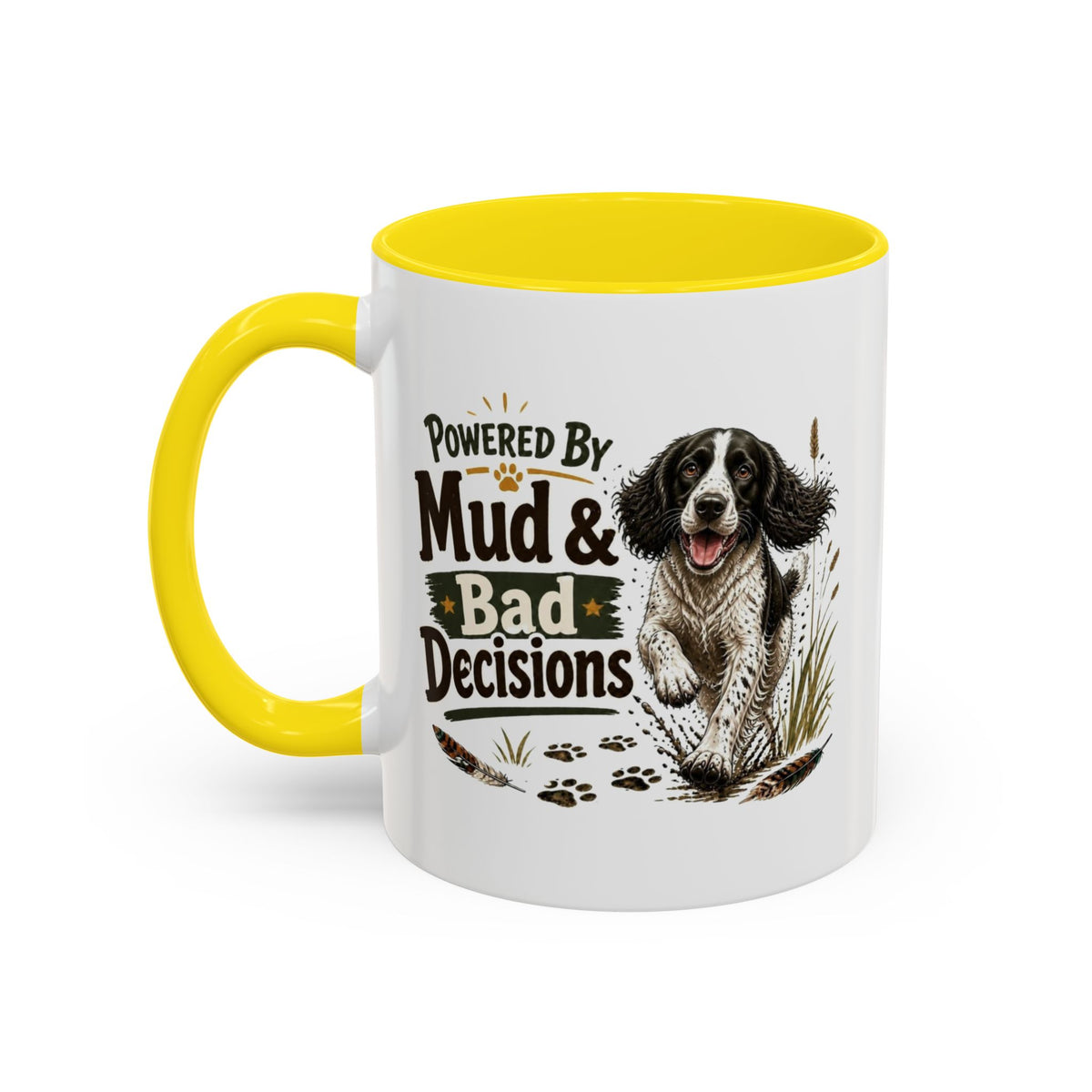 Funny Black and White Springer Spaniel Mug - Powered By Mud & Bad Decisions, Muddy Dog Owner Gift, Gundog Lover Coffee Mug, 11oz