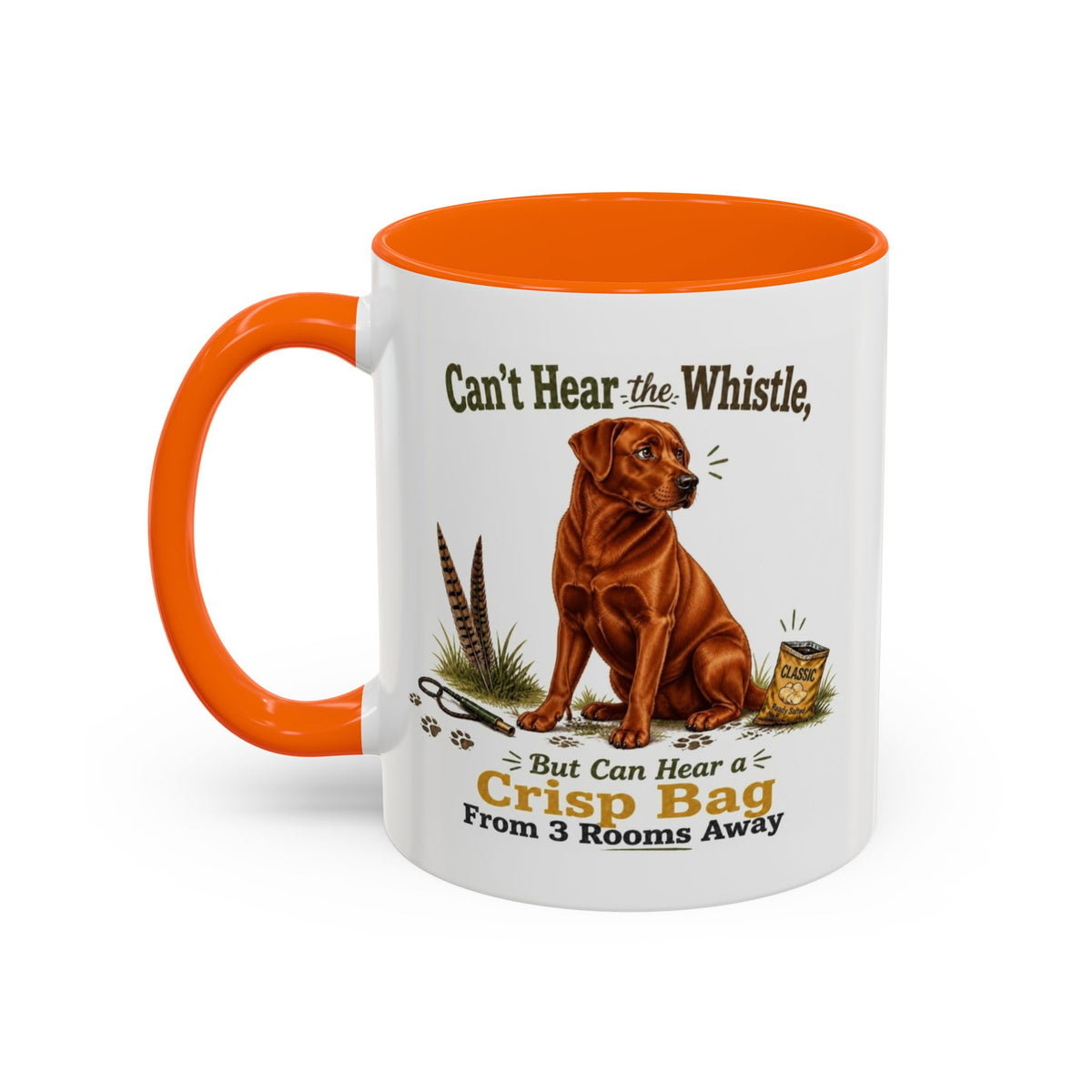 Funny Fox Red Labrador Mug - Can't Hear the Whistle But Can Hear a Crisp Bag, Working Gun Dog Gift, Greedy Dog Mug, 11oz