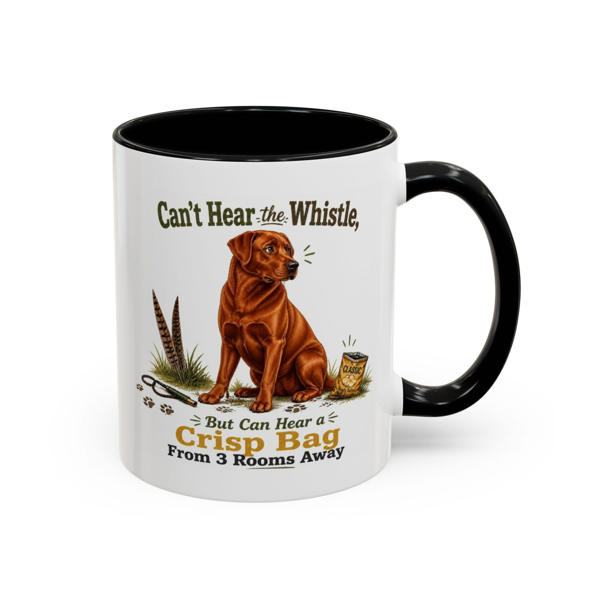 Funny Fox Red Labrador Mug - Can't Hear the Whistle But Can Hear a Crisp Bag, Working Gun Dog Gift, Greedy Dog Mug, 11oz