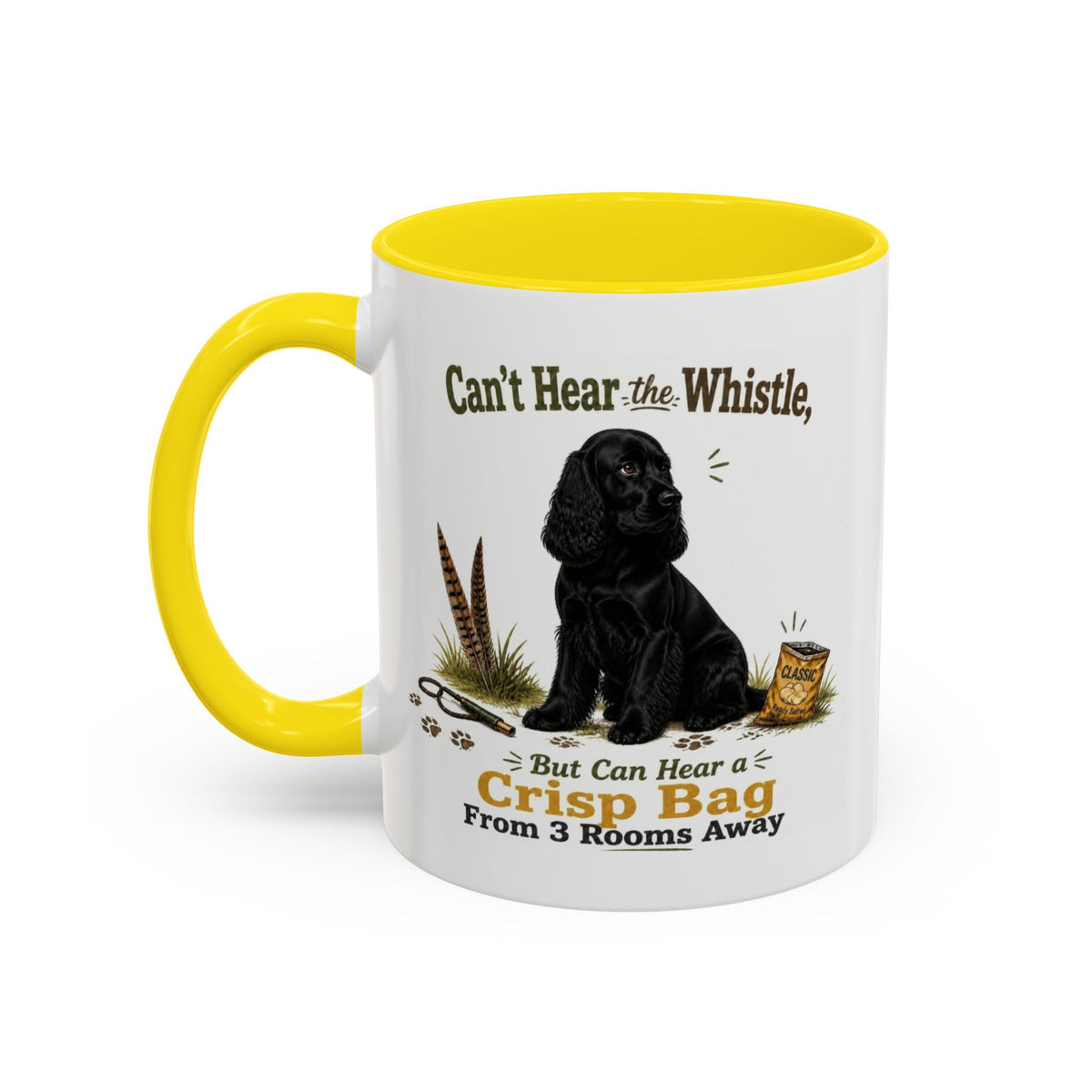 Funny Black Cocker Spaniel Mug - Can't Hear the Whistle But Can Hear a Crisp Bag, Working Gun Dog Gift, Greedy Dog Mug, 11oz