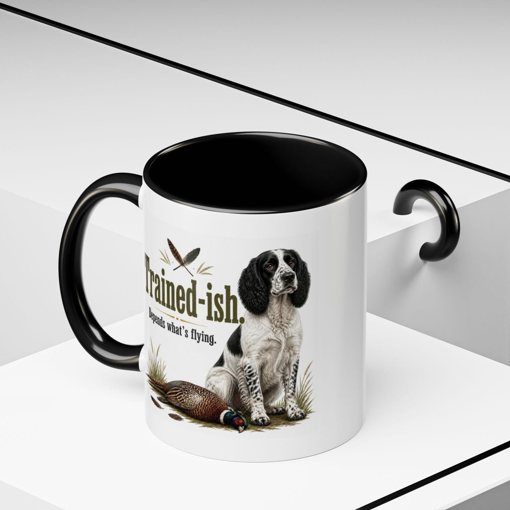Funny Black and White Springer Spaniel Mug - Trained-ish Depends What's Flying, Working Gun Dog Gift, Pheasant Shooting Mug, 11oz