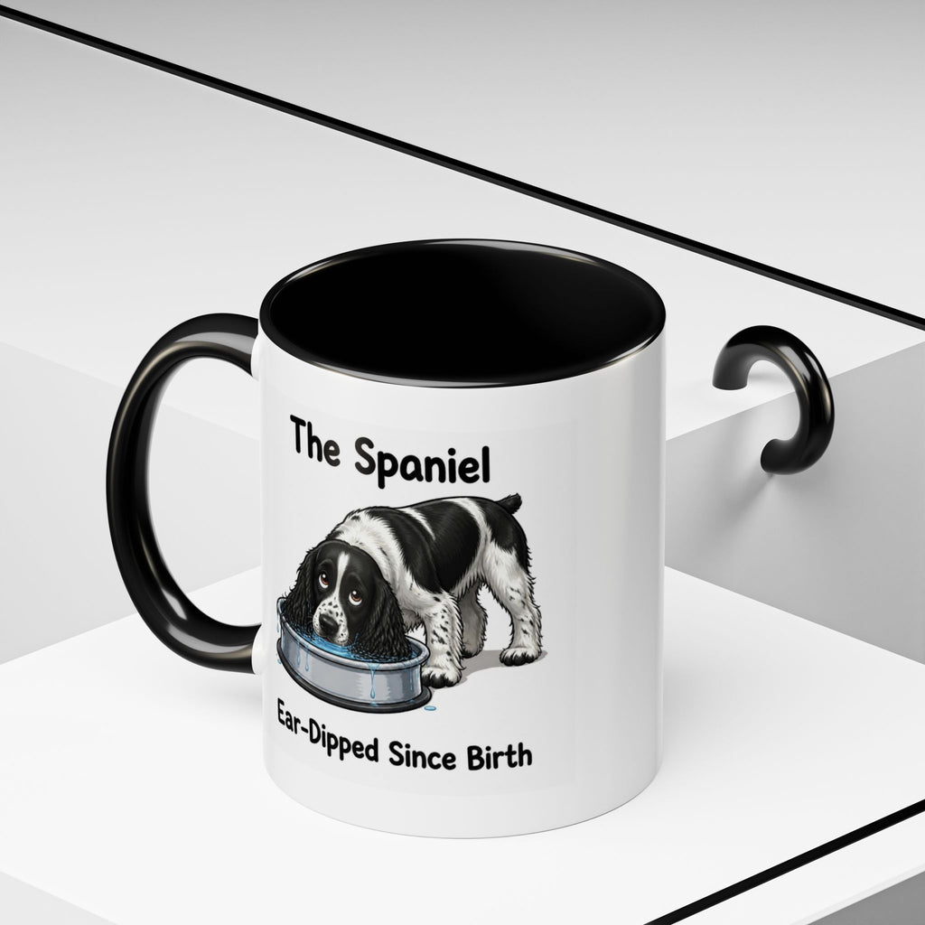 Funny Black & White Springer Spaniel Mug - The Spaniel, Ear-Dipped Since Birth, Spaniel Owner Gift, Dog Lover Coffee Mug, 11oz