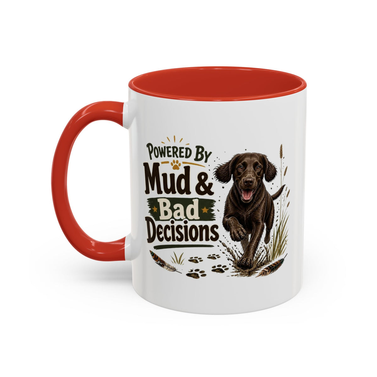 Funny Chocolate Cocker Spaniel Mug - Powered By Mud & Bad Decisions, Muddy Dog Owner Gift, Gundog Lover Coffee Mug, 11oz