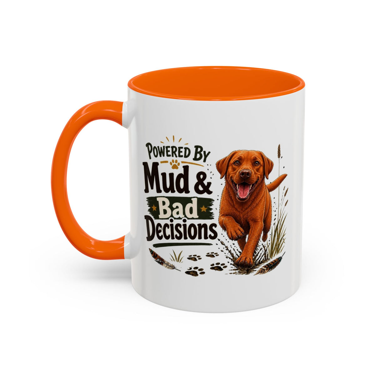 Funny Fox Red Labrador Mug - Powered By Mud & Bad Decisions, Muddy Dog Owner Gift, Gundog Lover Coffee Mug, 11oz