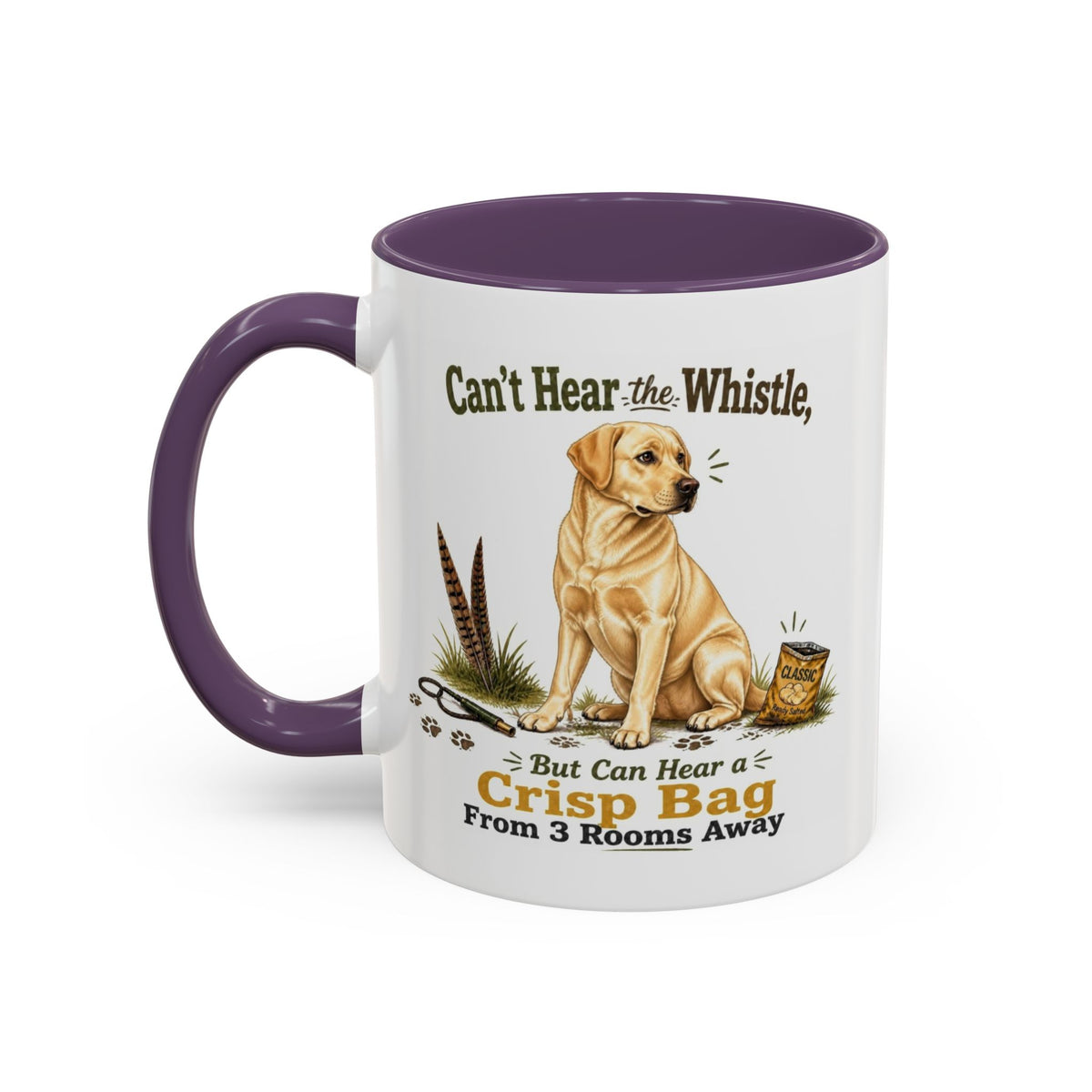 Funny Yellow Labrador Mug - Can't Hear the Whistle But Can Hear a Crisp Bag, Working Gun Dog Gift, Greedy Dog Mug, 11oz