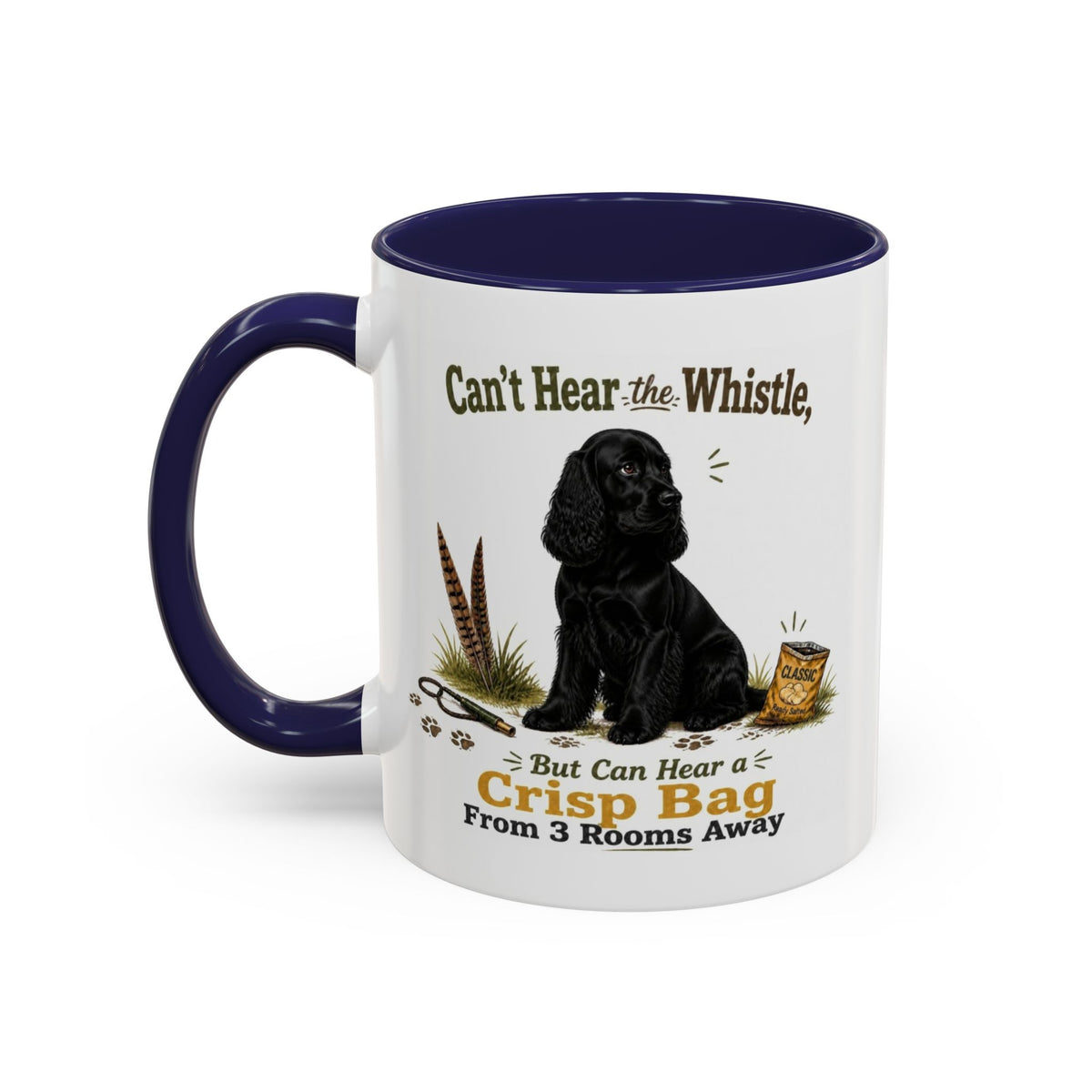 Funny Black Cocker Spaniel Mug - Can't Hear the Whistle But Can Hear a Crisp Bag, Working Gun Dog Gift, Greedy Dog Mug, 11oz
