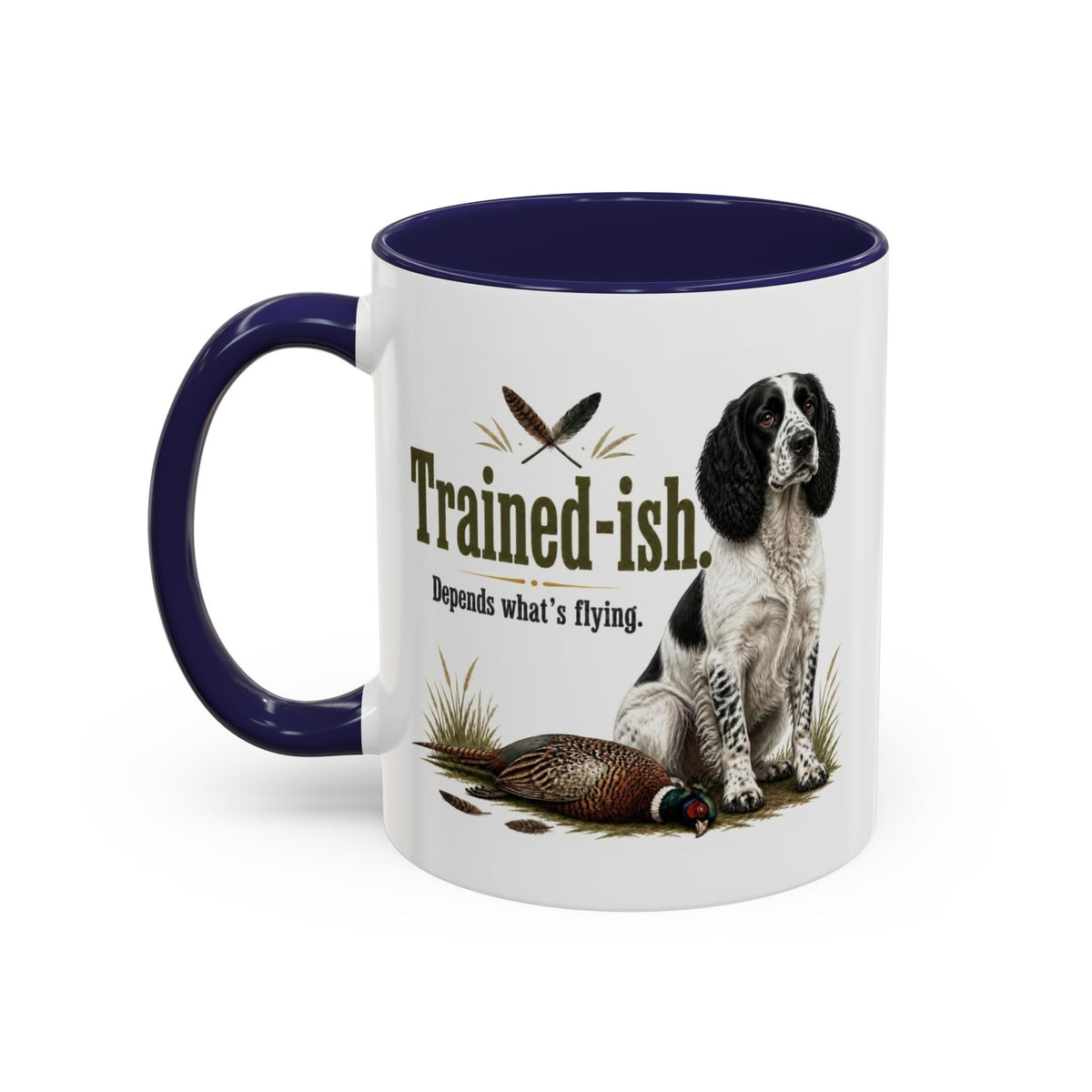 Funny Black and White Springer Spaniel Mug - Trained-ish Depends What's Flying, Working Gun Dog Gift, Pheasant Shooting Mug, 11oz