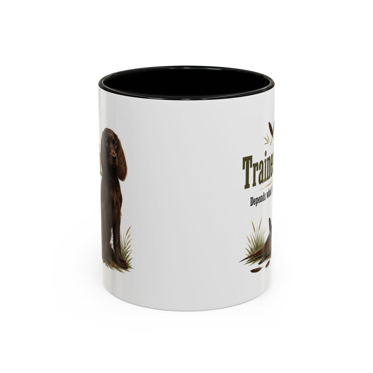 Funny Chocolate Cocker Spaniel Mug - Trained-ish Depends What's Flying, Working Gun Dog Gift, Pheasant Shooting Mug, 11oz