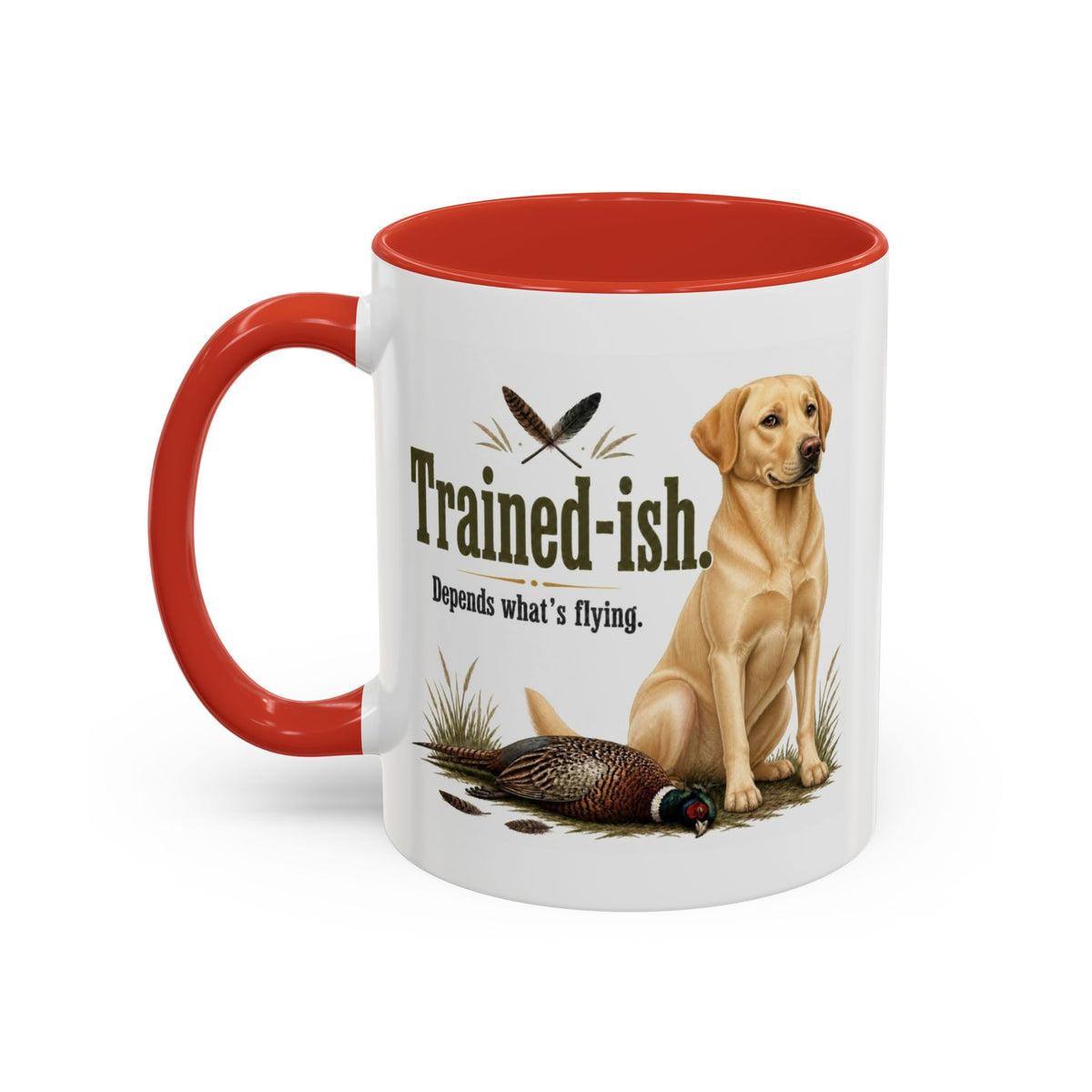 Funny Yellow Labrador Mug - Trained-ish Depends What's Flying, Working Gun Dog Gift, Pheasant Shooting Mug, 11oz
