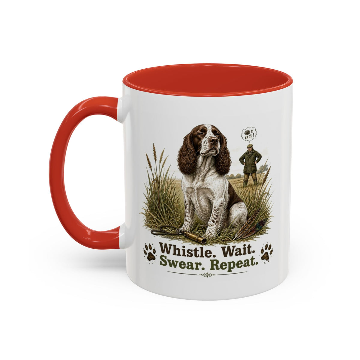 Funny Liver and White Springer Spaniel Mug - Whistle. Wait. Swear. Repeat. Working Gun Dog Gift, Dog Training Mug, 11oz