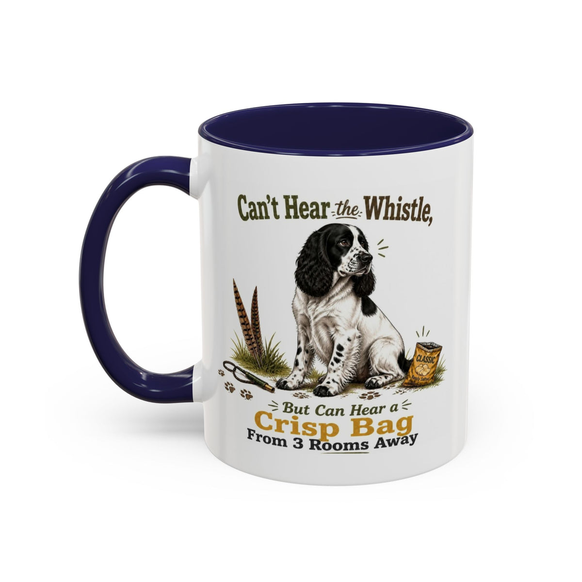 Funny Black and White Springer Spaniel Mug - Can't Hear the Whistle But Can Hear a Crisp Bag, Working Gun Dog Gift, Greedy Dog Mug, 11oz