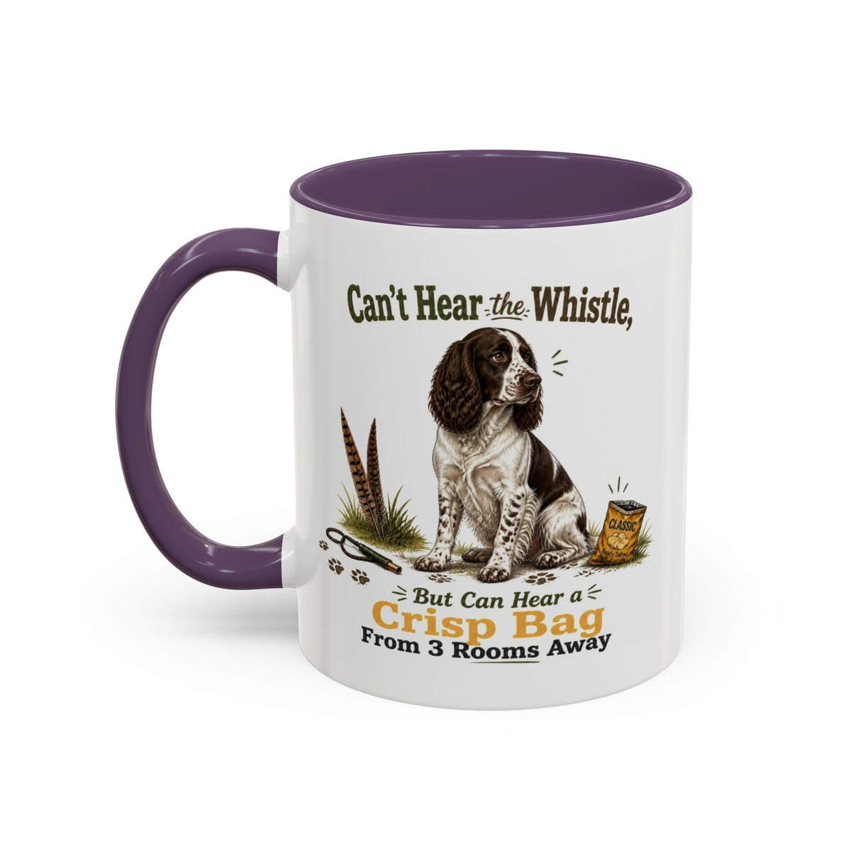 Funny Liver and White Springer Spaniel Mug - Can't Hear the Whistle But Can Hear a Crisp Bag, Working Gun Dog Gift, Greedy Dog Mug, 11oz