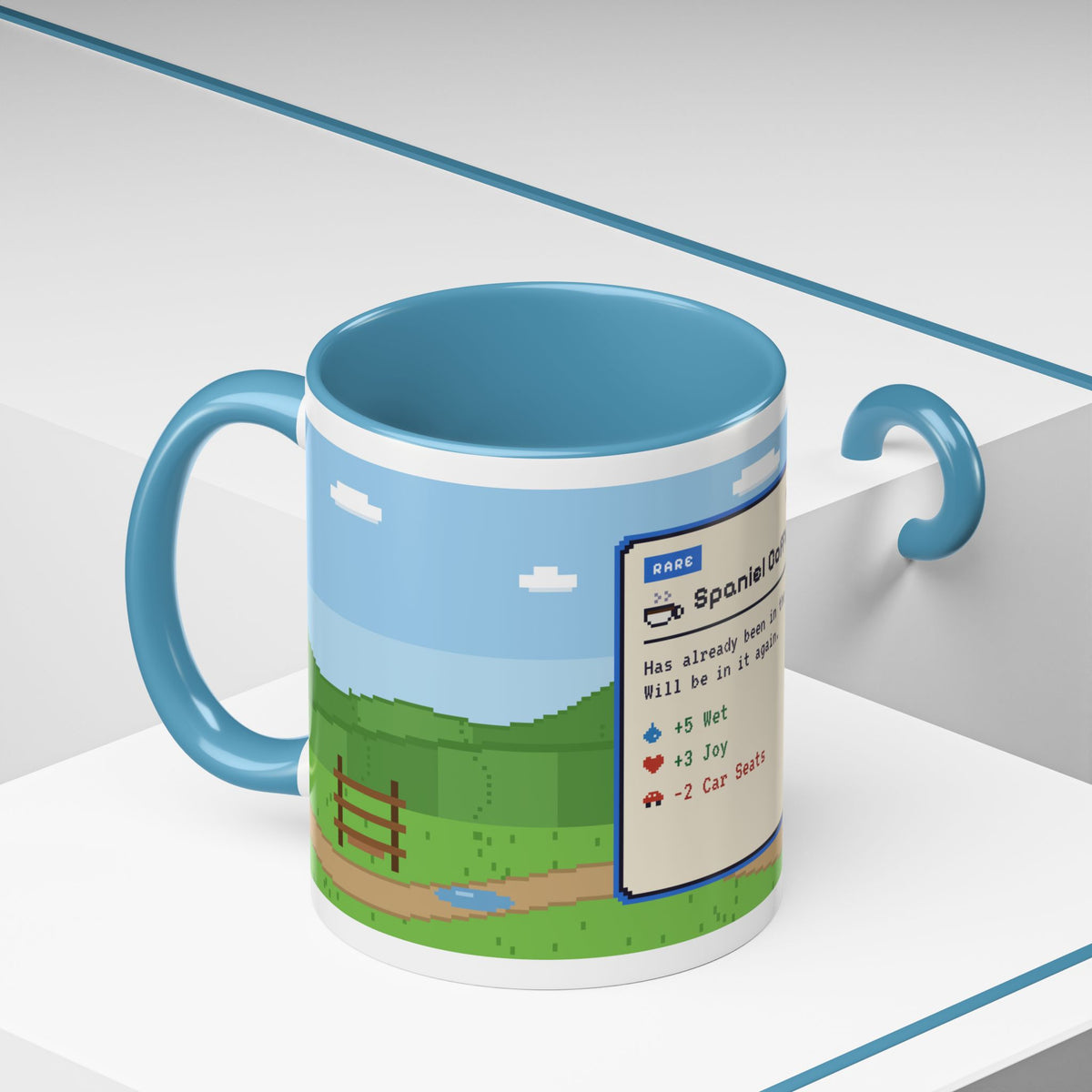 Spaniel Coffee pixel art mug with spaniel paddling in water – view 9