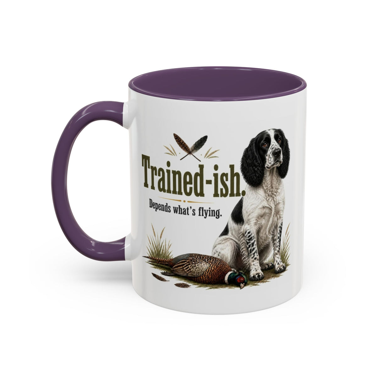 Funny Black and White Springer Spaniel Mug - Trained-ish Depends What's Flying, Working Gun Dog Gift, Pheasant Shooting Mug, 11oz