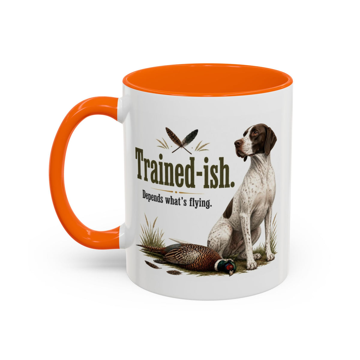 Funny English Pointer Mug - Trained-ish Depends What's Flying, Working Gun Dog Gift, Pheasant Shooting Mug, 11oz