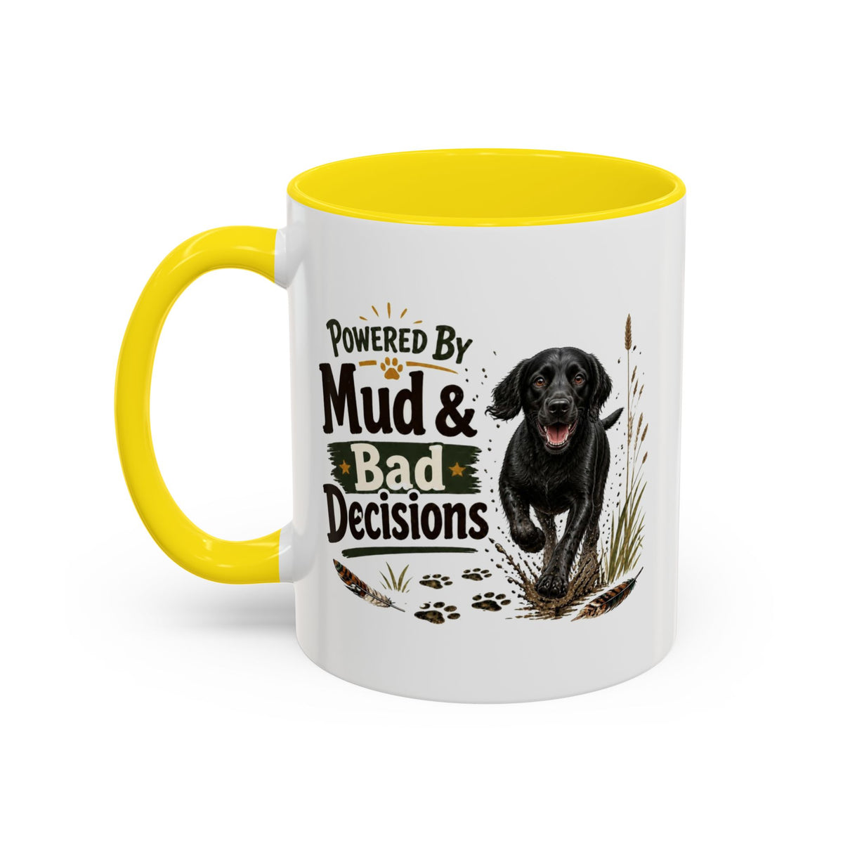 Funny Black Cocker Spaniel Mug - Powered By Mud & Bad Decisions, Muddy Dog Owner Gift, Gundog Lover Coffee Mug, 11oz