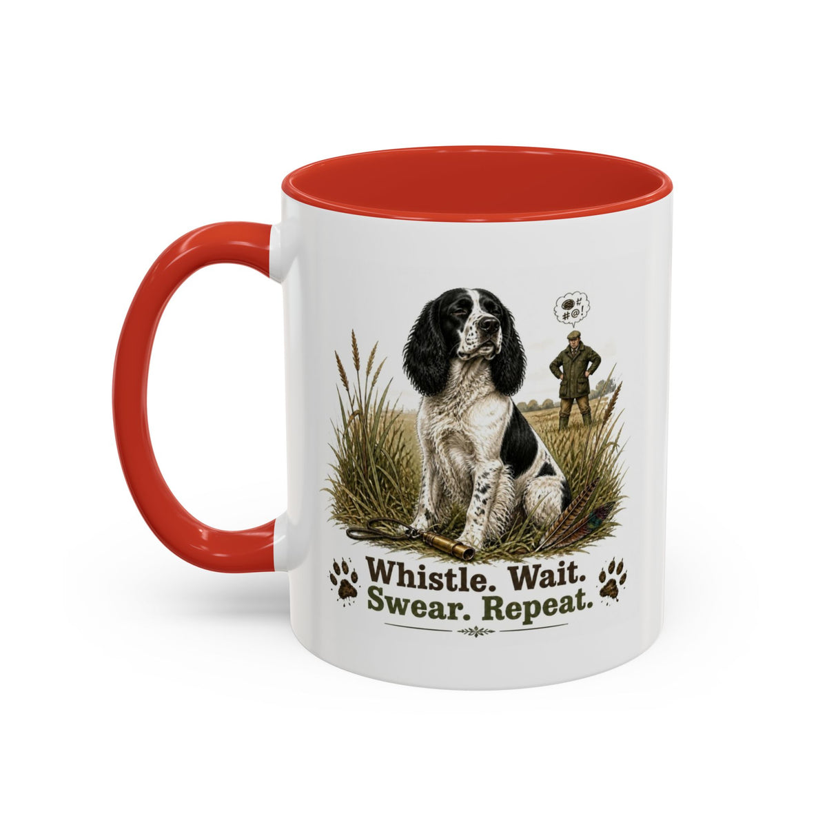 Funny Black and White Springer Spaniel Mug - Whistle. Wait. Swear. Repeat. Working Gun Dog Gift, Dog Training Mug, 11oz