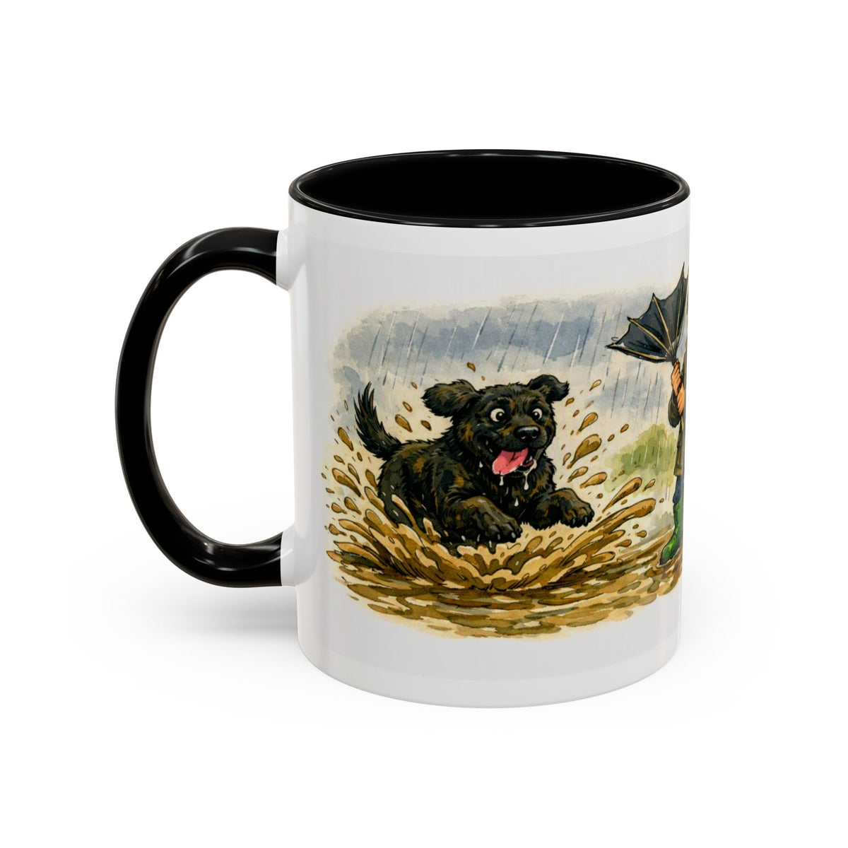 Rainy Walk Tea mug, woman with black dog on a muddy rainy walk – view 6