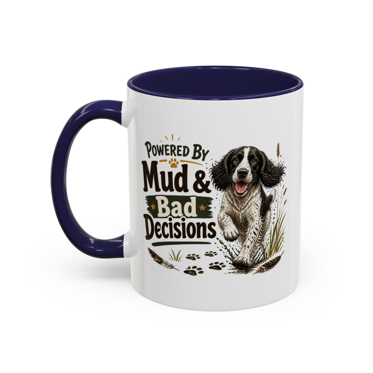 Funny Black and White Springer Spaniel Mug - Powered By Mud & Bad Decisions, Muddy Dog Owner Gift, Gundog Lover Coffee Mug, 11oz