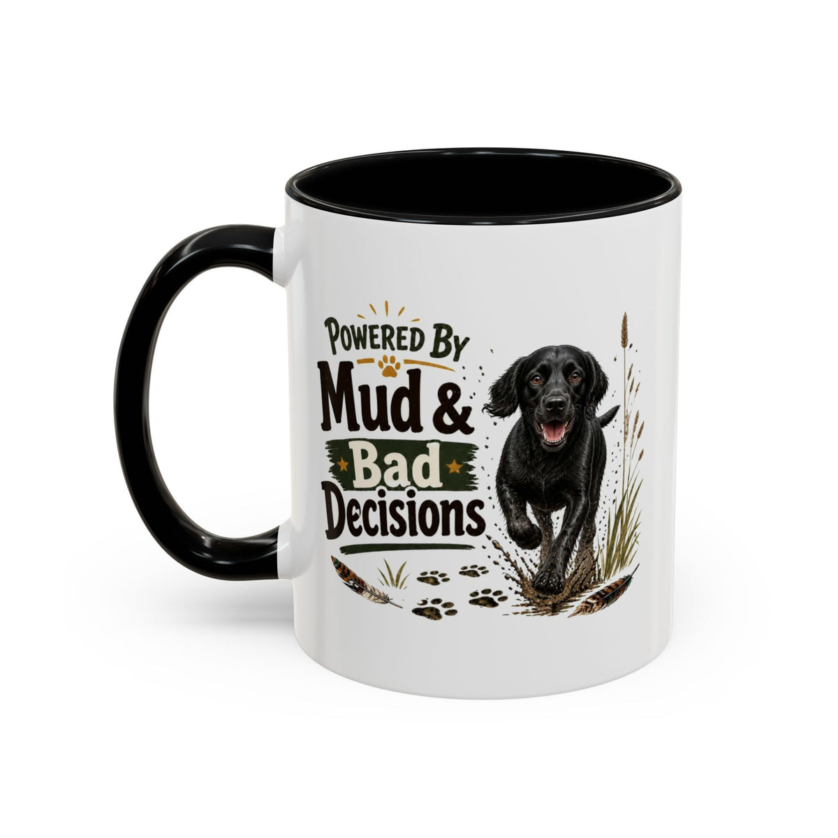 Funny Black Cocker Spaniel Mug - Powered By Mud & Bad Decisions, Muddy Dog Owner Gift, Gundog Lover Coffee Mug, 11oz