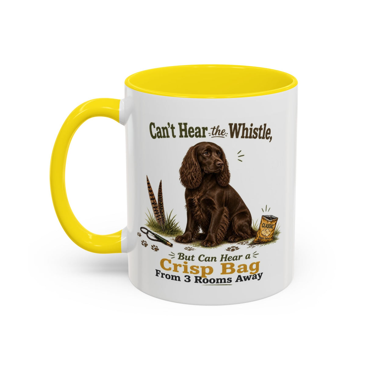 Funny Chocolate Cocker Spaniel Mug - Can't Hear the Whistle But Can Hear a Crisp Bag, Working Gun Dog Gift, Greedy Dog Mug, 11oz
