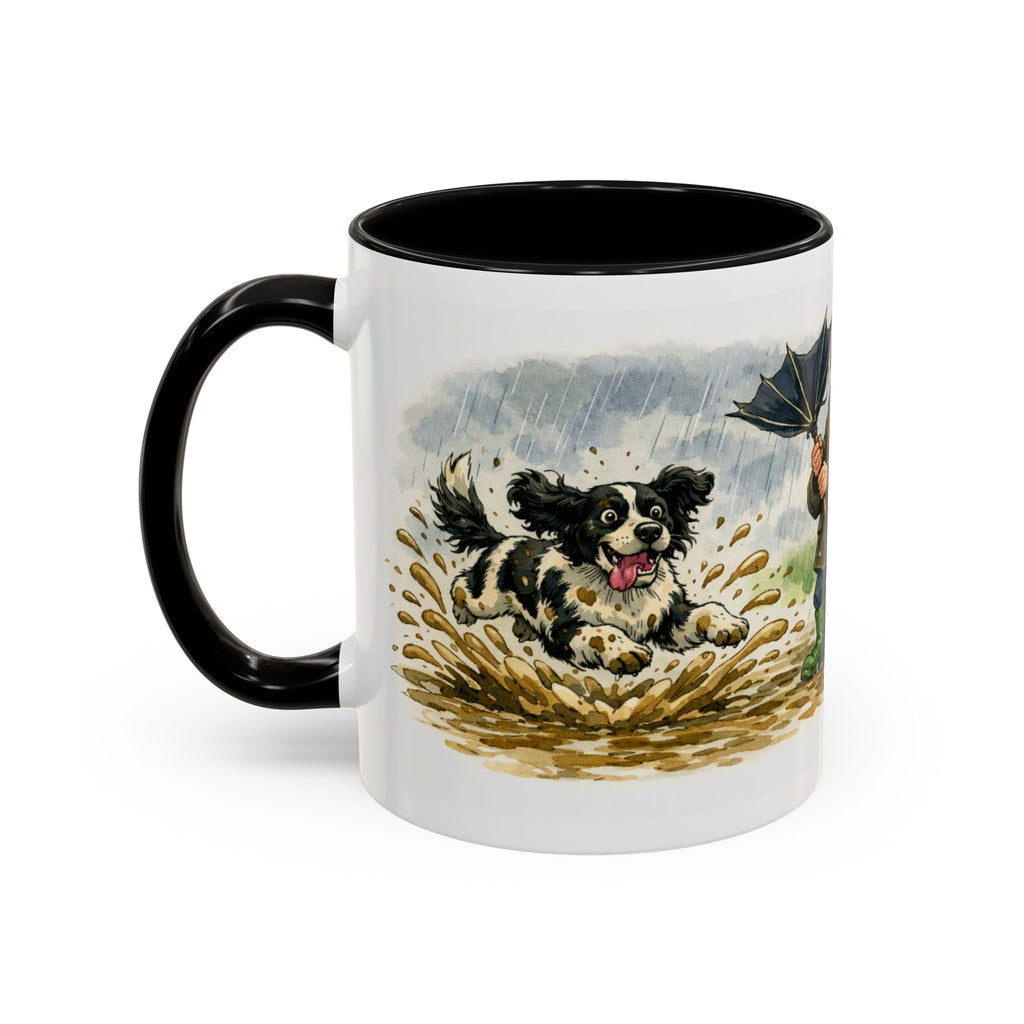 Funny dog walker mug, man with black and white dog on a muddy rainy walk – view 6