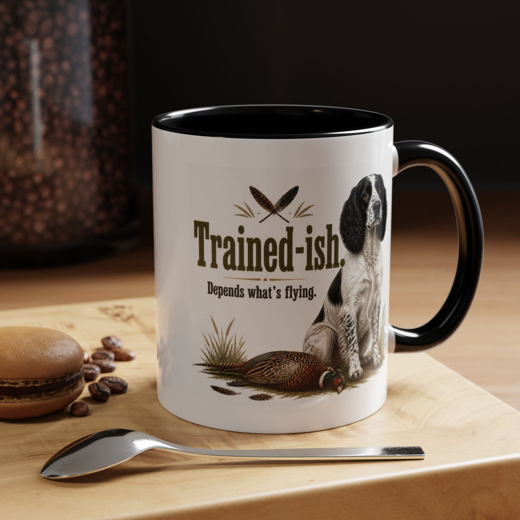Funny Black and White Springer Spaniel Mug - Trained-ish Depends What's Flying, Working Gun Dog Gift, Pheasant Shooting Mug, 11oz
