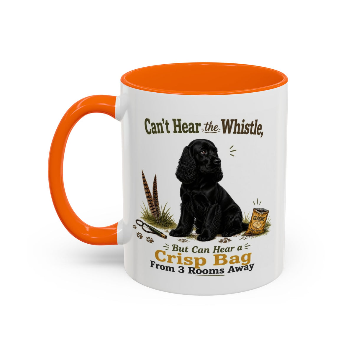 Funny Black Cocker Spaniel Mug - Can't Hear the Whistle But Can Hear a Crisp Bag, Working Gun Dog Gift, Greedy Dog Mug, 11oz