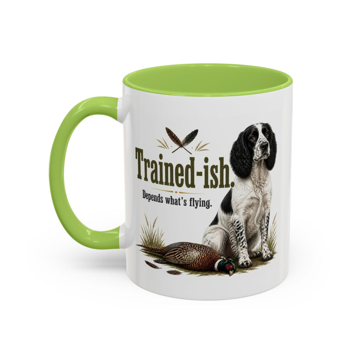 Funny Black and White Springer Spaniel Mug - Trained-ish Depends What's Flying, Working Gun Dog Gift, Pheasant Shooting Mug, 11oz