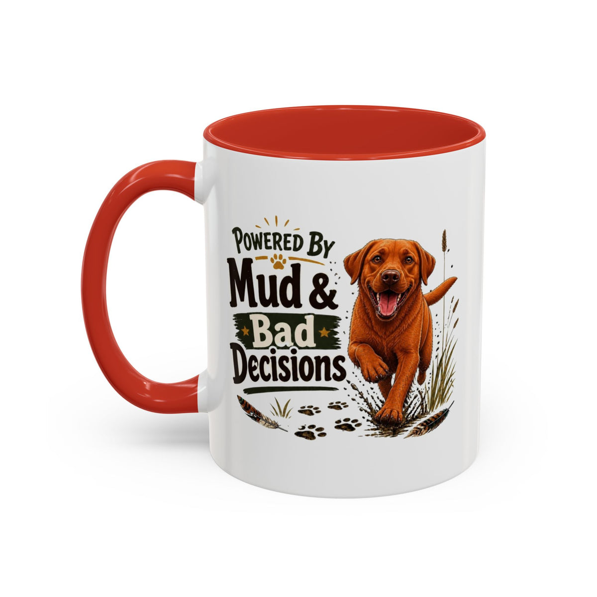 Funny Fox Red Labrador Mug - Powered By Mud & Bad Decisions, Muddy Dog Owner Gift, Gundog Lover Coffee Mug, 11oz