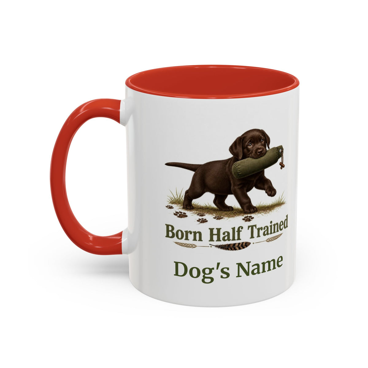 Personalised Chocolate Labrador Puppy Mug - Born Half Trained - Custom Dog Name, Training Dummy Gun Dog Gift, 11oz