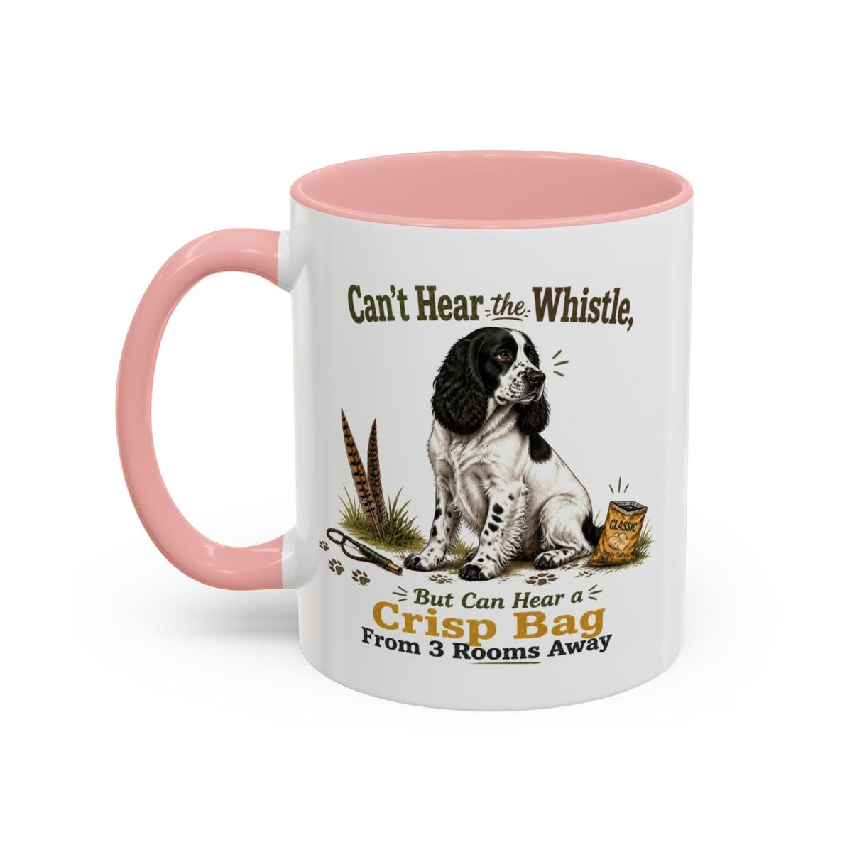 Funny Black and White Springer Spaniel Mug - Can't Hear the Whistle But Can Hear a Crisp Bag, Working Gun Dog Gift, Greedy Dog Mug, 11oz