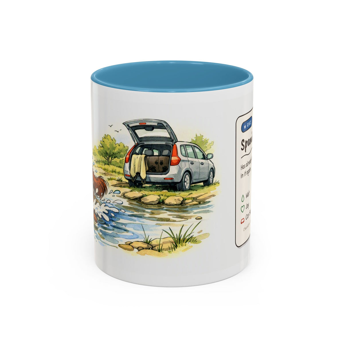 Funny chocolate cocker spaniel mug, wet spaniel and car – view 3
