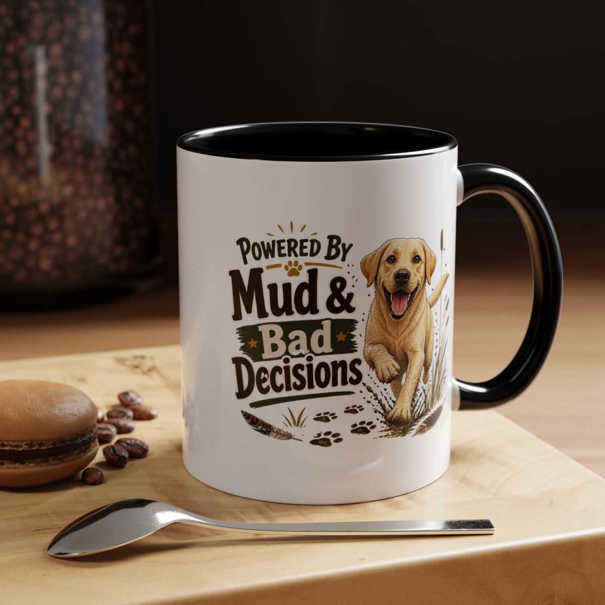Funny Yellow Labrador Mug - Powered By Mud & Bad Decisions, Muddy Dog Owner Gift, Gundog Lover Coffee Mug, 11oz