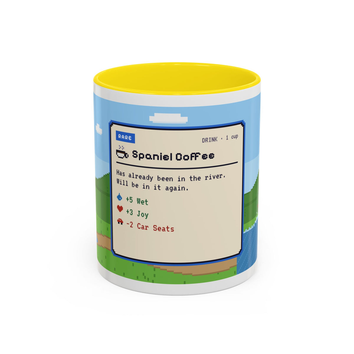Spaniel Coffee pixel art mug with spaniel paddling in water – view 4