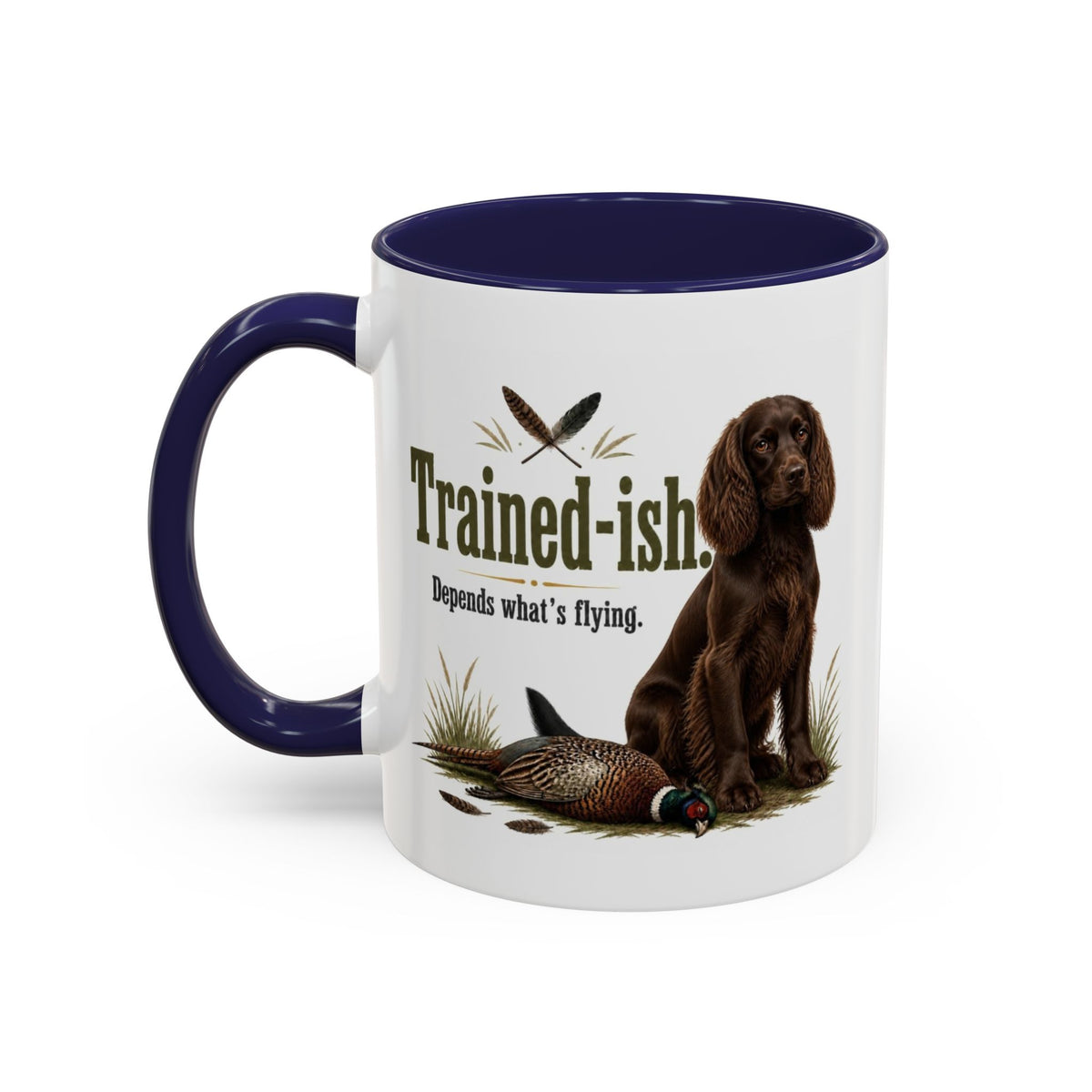 Funny Chocolate Cocker Spaniel Mug - Trained-ish Depends What's Flying, Working Gun Dog Gift, Pheasant Shooting Mug, 11oz