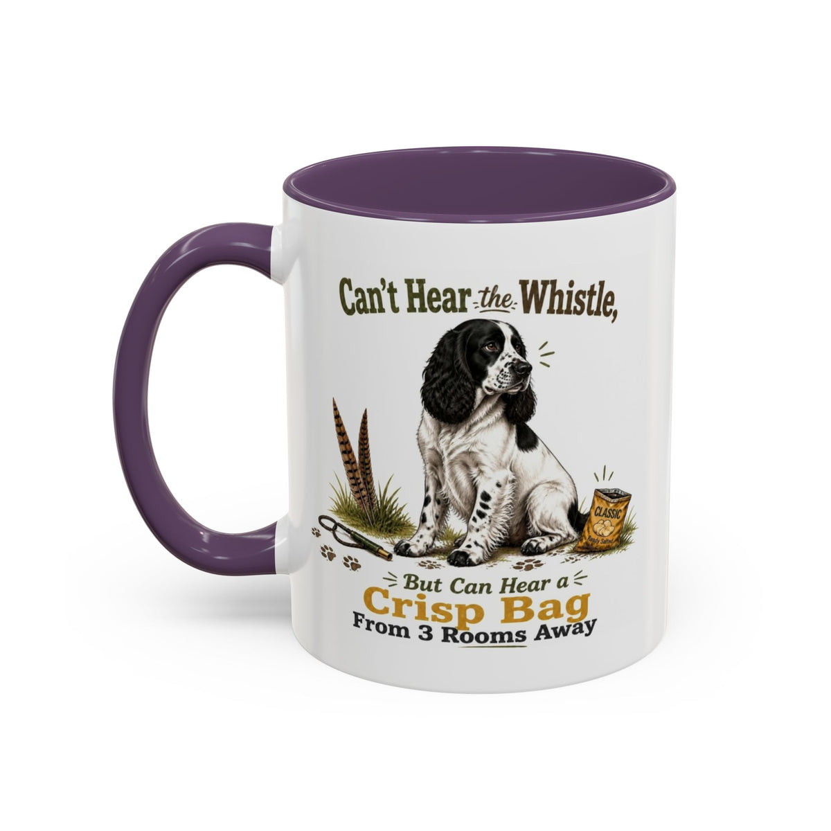 Funny Black and White Springer Spaniel Mug - Can't Hear the Whistle But Can Hear a Crisp Bag, Working Gun Dog Gift, Greedy Dog Mug, 11oz