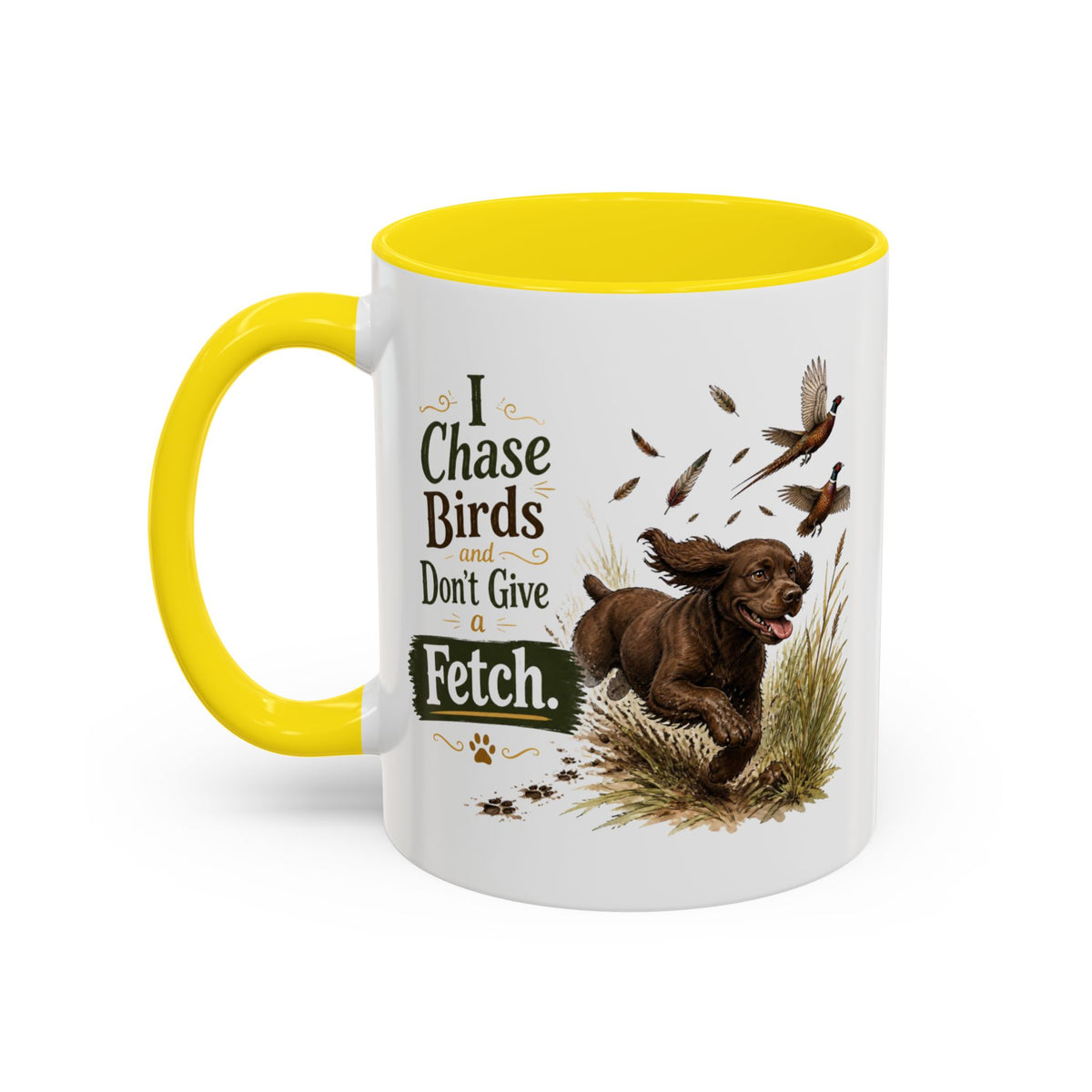 Funny Chocolate Cocker Spaniel Mug - I Chase Birds and Don't Give a Fetch, Working Gun Dog Gift, Pheasant Shooting Mug, 11oz