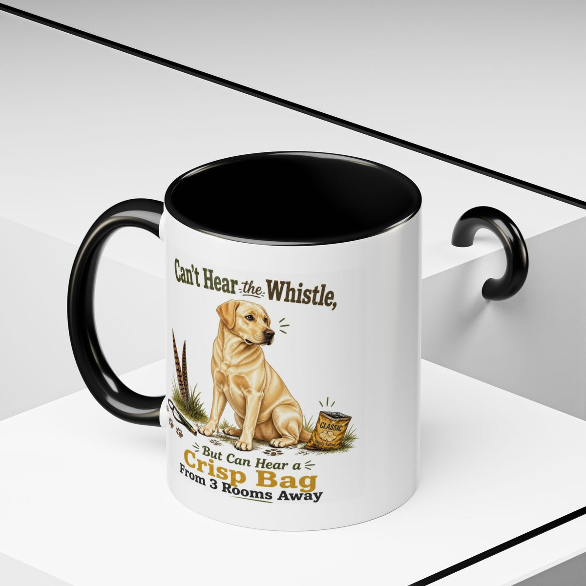 Funny Yellow Labrador Mug - Can't Hear the Whistle But Can Hear a Crisp Bag, Working Gun Dog Gift, Greedy Dog Mug, 11oz