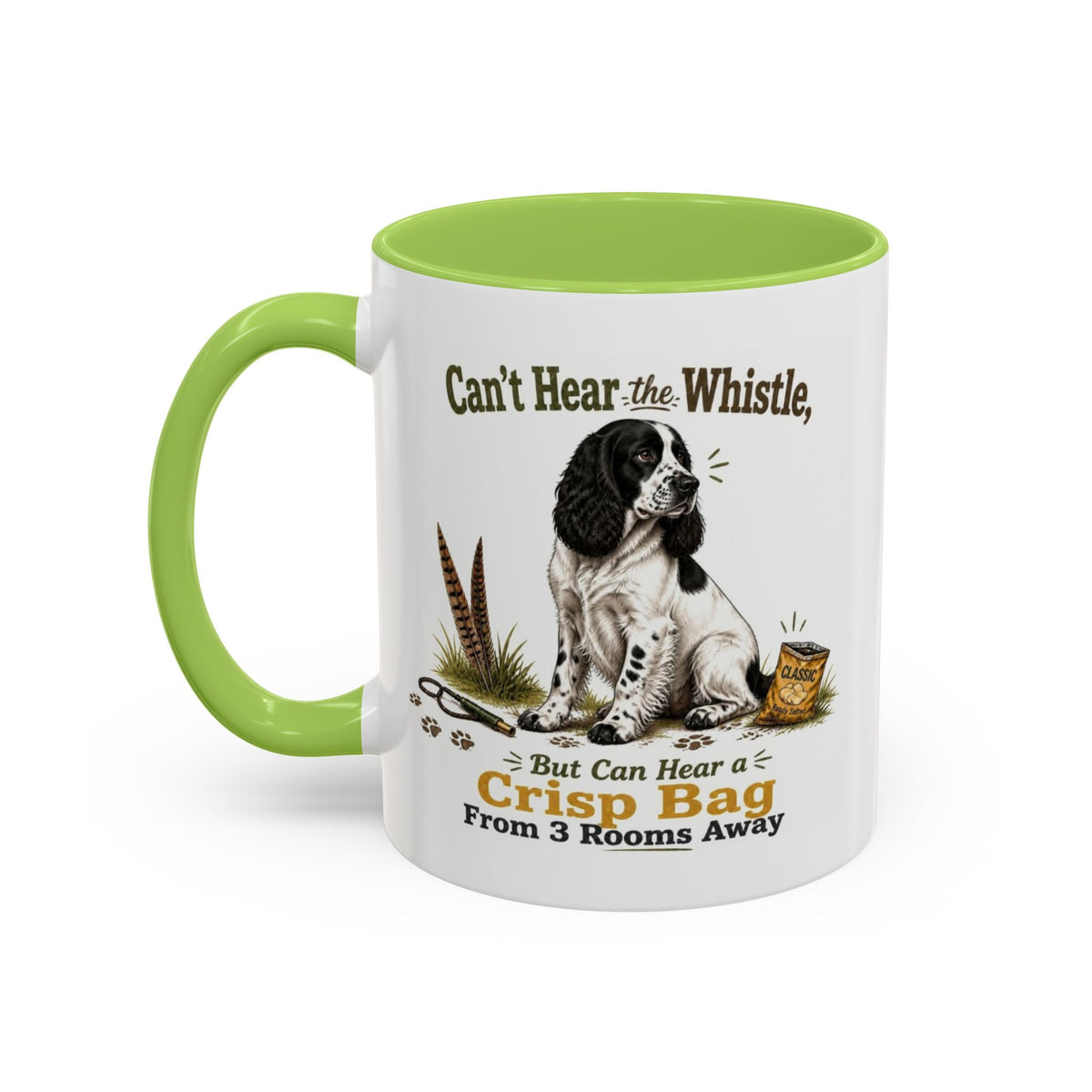 Funny Black and White Springer Spaniel Mug - Can't Hear the Whistle But Can Hear a Crisp Bag, Working Gun Dog Gift, Greedy Dog Mug, 11oz