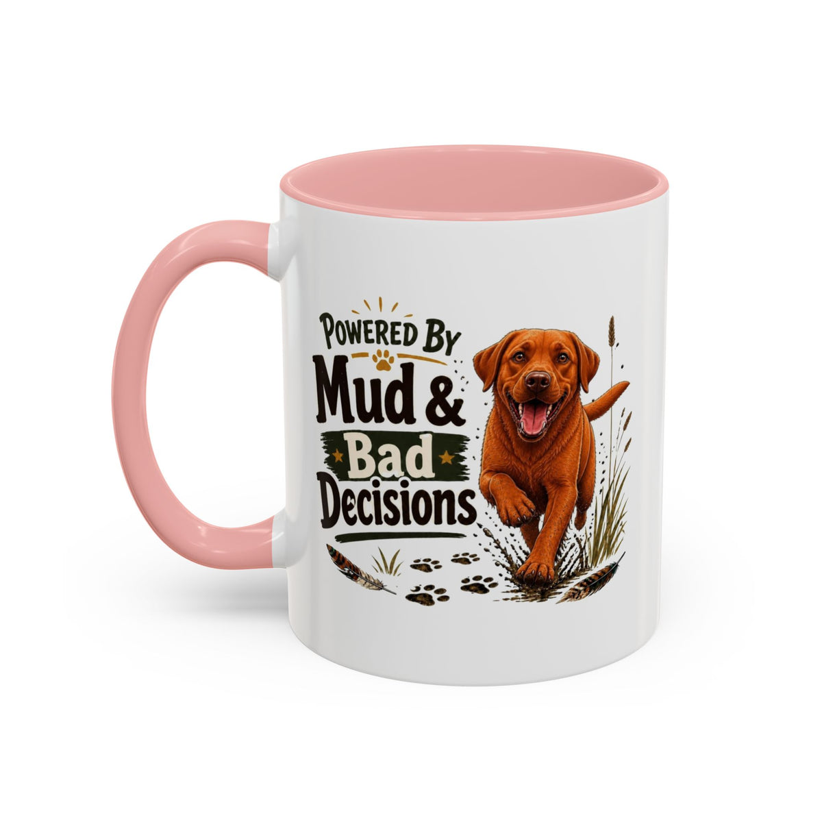 Funny Fox Red Labrador Mug - Powered By Mud & Bad Decisions, Muddy Dog Owner Gift, Gundog Lover Coffee Mug, 11oz