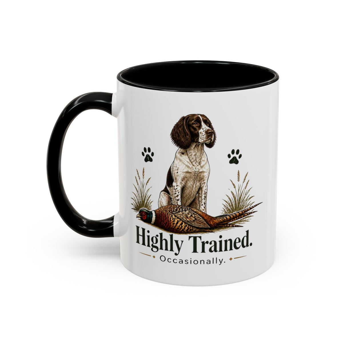 Funny Liver and White Springer Spaniel Mug - Highly Trained Occasionally, Gundog Owner Gift, Shooting Dog Lover Coffee Mug, 11oz