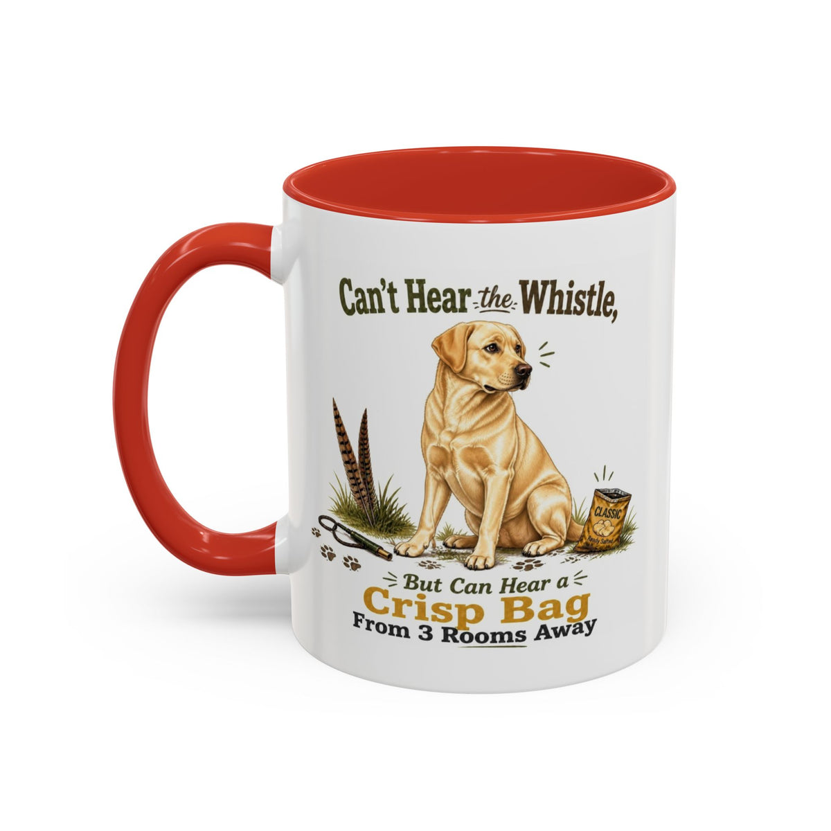 Funny Yellow Labrador Mug - Can't Hear the Whistle But Can Hear a Crisp Bag, Working Gun Dog Gift, Greedy Dog Mug, 11oz