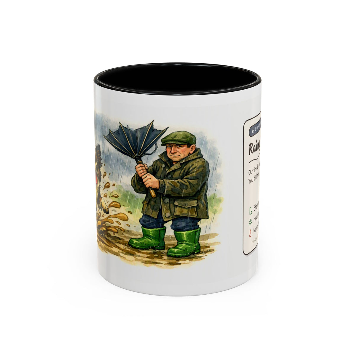 Rainy Walk Tea mug, man with tri-colour dog on a muddy rainy walk – view 1