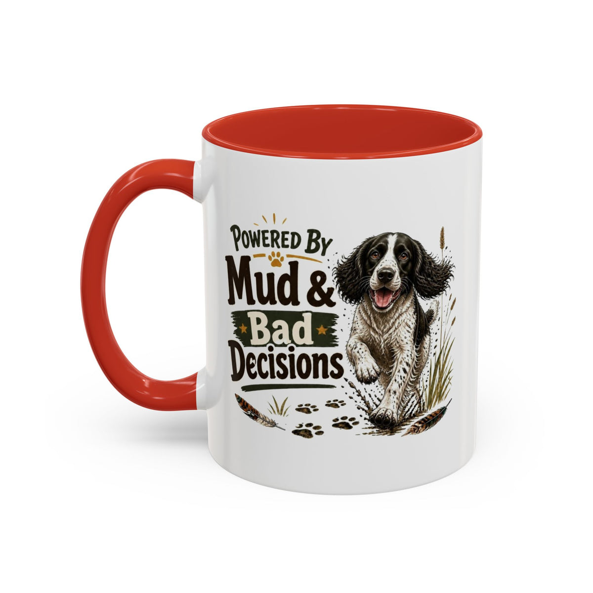 Funny Black and White Springer Spaniel Mug - Powered By Mud & Bad Decisions, Muddy Dog Owner Gift, Gundog Lover Coffee Mug, 11oz
