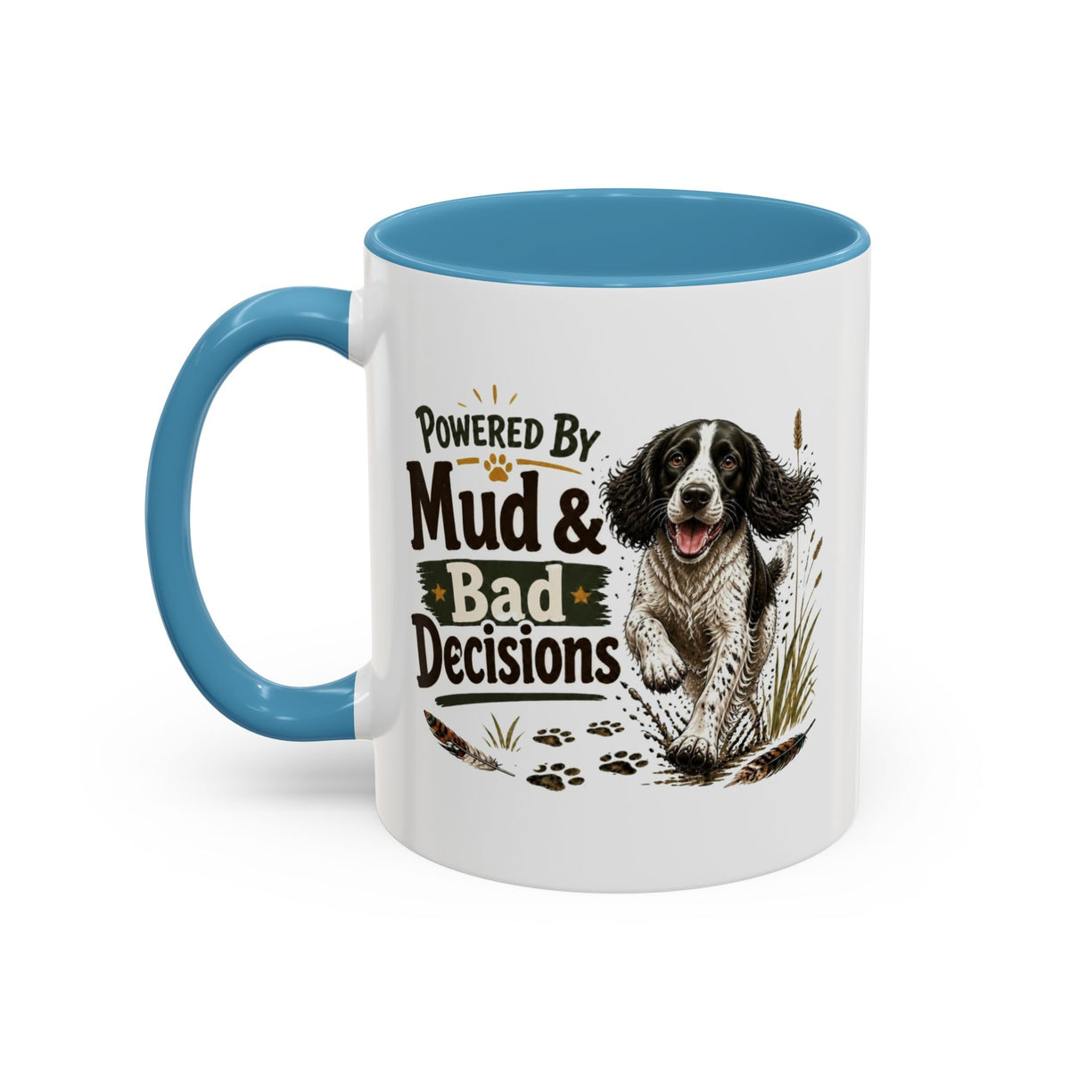 Funny Black and White Springer Spaniel Mug - Powered By Mud & Bad Decisions, Muddy Dog Owner Gift, Gundog Lover Coffee Mug, 11oz