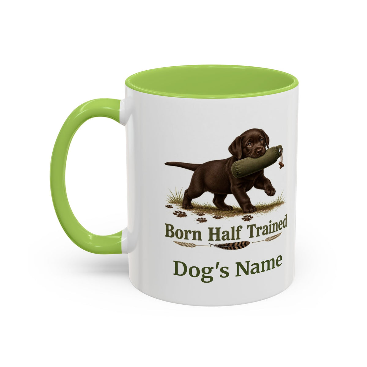 Personalised Chocolate Labrador Puppy Mug - Born Half Trained - Custom Dog Name, Training Dummy Gun Dog Gift, 11oz